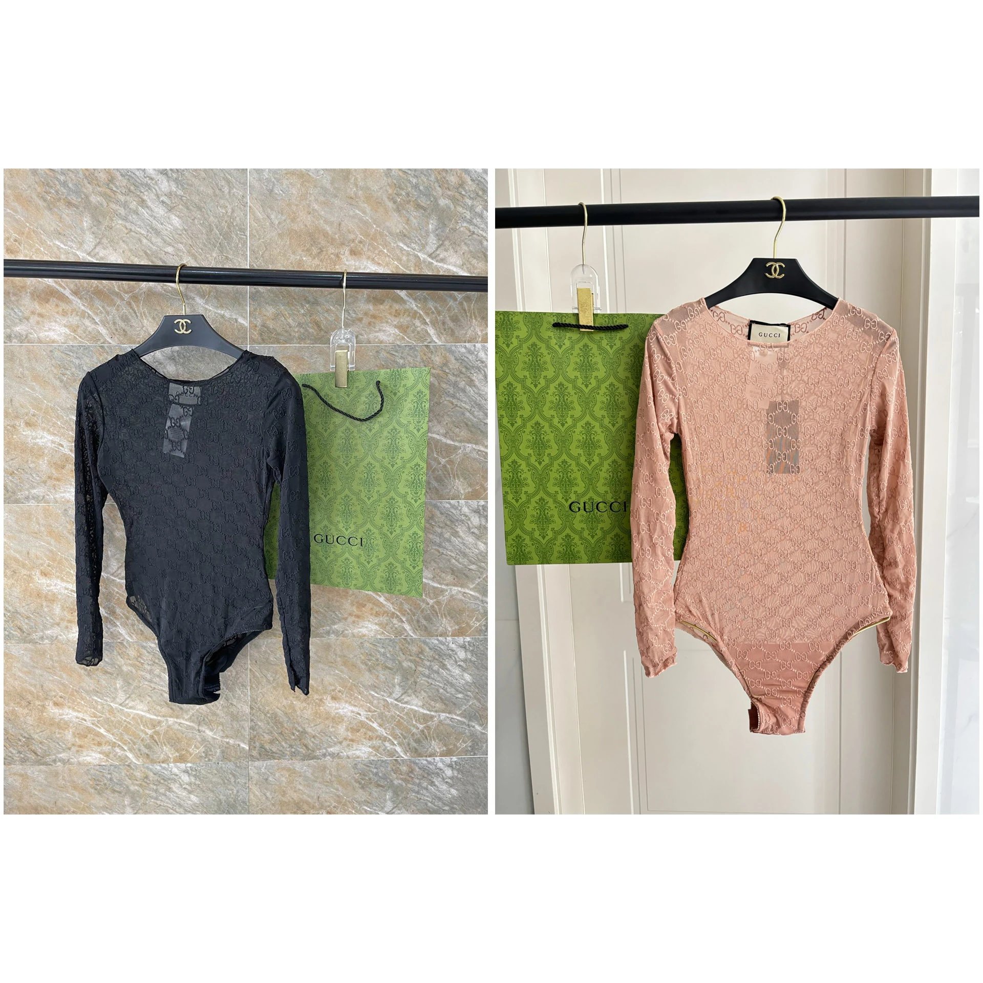 Gucci GG Supreme Sheer Long-Sleeve Bodysuit | 7757317626